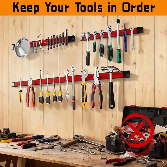 18" Magnetic Tool Holder Strip, 6 Pieces Red Metal Tool Organizer Rack with Stainless Steel Surface, Magnet Bar for Garage Workshop, Easy To Install with Mounting Screws