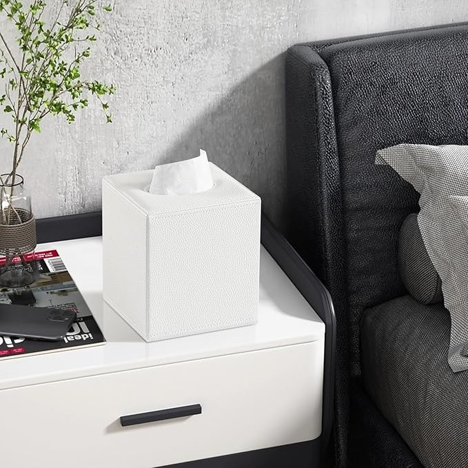 PU Leather Tissue Box Cover Square Tissue Box Holder with Magnetic Closure, Decorative Tissue Holder for Bathroom Bedroom Office (White)