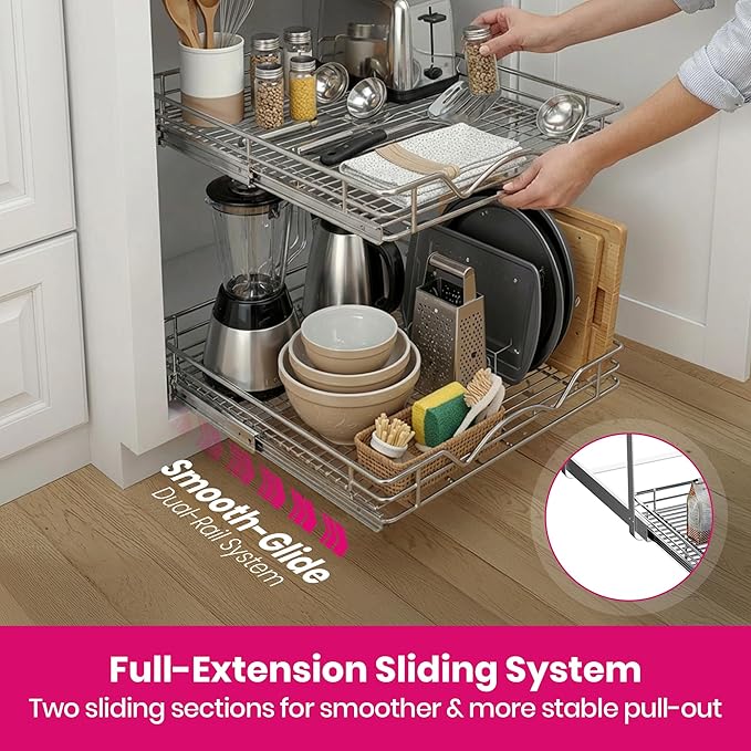 HOLDN’ STORAGE Two Tier Pull Out Cabinet Organizer, Individual Sliding Drawers - Heavy Duty Metal with Lifetime Limited Warranty - Anti Rust Chrome Finish - 22" W x 21”D x 16.5" H