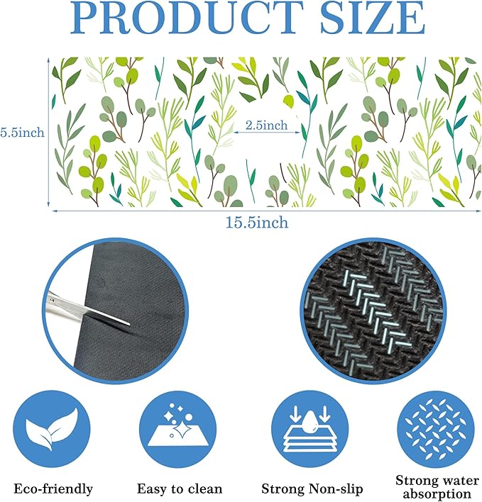 Faucet Mat for Kitchen Sink Color Art Leaves Grass, Soft Diatom Mud Material, Strong Water Absorption, Non-slip, Easy to Clean for Bathroom, Kitchen 15"X5.5"