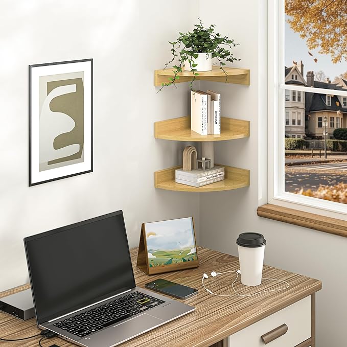 Fun Memories Corner Shelf Wall Mount, Wood Floating Corner Shelves, Corner Wall Shelf for Bedroom, Bathroom, Kitchen, Living Room (Oak, 3 Pack)