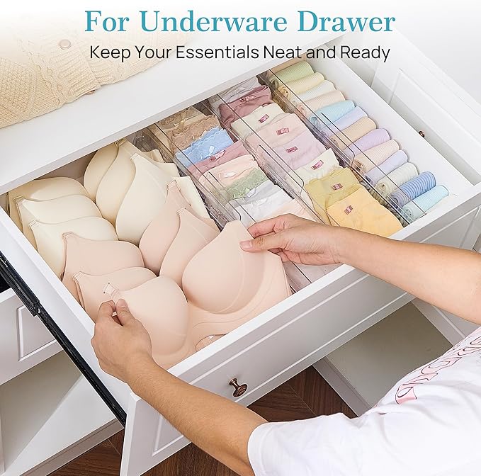 Vtopmart 8 Pack Drawer Dividers for Clothes, 4" High 10.2"-16.5" Adjustable Expandable Dresser Drawer Organizer, Clear Plastic Separators for Dresser, Baby Clothing, Underwear, Cosmetic, Toiletries