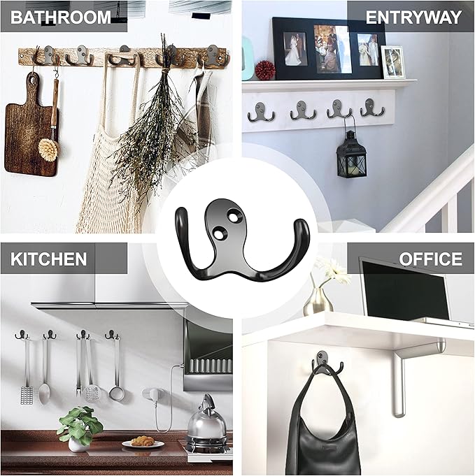 12-Pack Heavy Duty Double Prong Coat Hooks, Metal Wall Mounted Robe & Mug Hooks with 24 Screws for Kitchen, Pantry, Bedroom, Bathroom