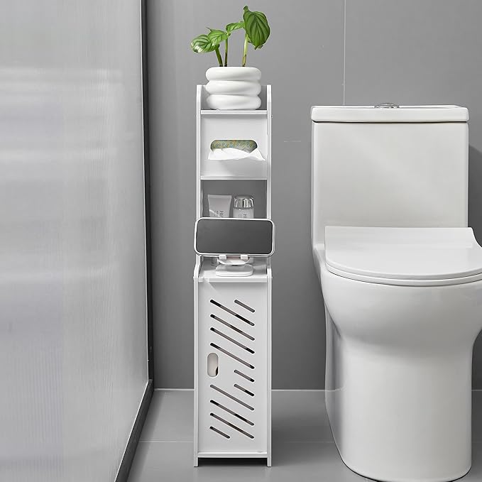 Doxo White Toilet Paper Holder Stand, Large Capacity Slim Bathroom Storage Cabinet and Organizers for Small Space, Beside Toilet Storage Cabinet (White)