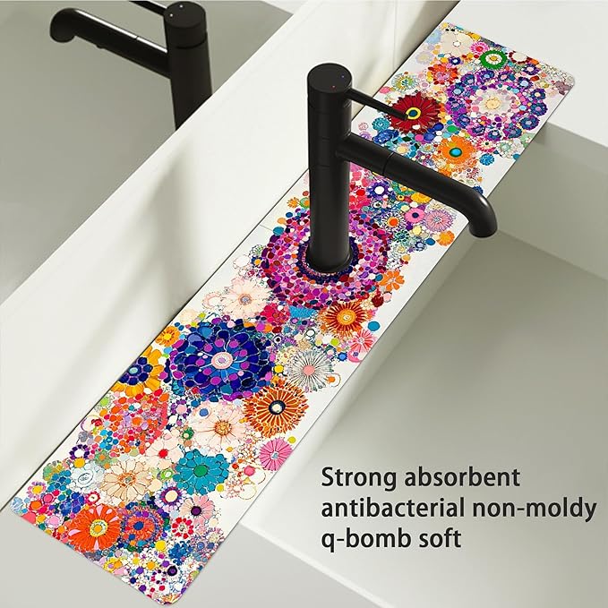 Bimkole 2 PCS Faucet Absorbent Mat, Kitchen Faucet Sink Splash Guard Wraparound Cloth Pads Drip Catcher for Sink Faucet for Kitchen Bathroom Faucet, Colorful Faucet Mat, 15 x 4 Inch Flower A3