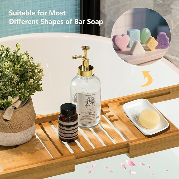 Gomakren Soap Dish for Shower, Ceramic Bar Soap Holder with Honeycomb Design - Soap Saver Tray for Bathroom Kitchen Sink, Sponge & Organizer Tray, Upscale Look, 5.5 Inch, White