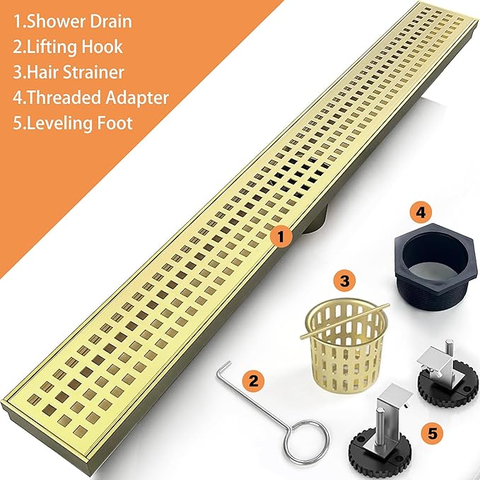 24 Inch Linear Shower Drain Bathroom Kitchen Golden Floor Drain Removable Capsule Pattern Cover Accessories Shower Drain 304 Stainless Steel Drain with Hair Strainer Adjustable Leveling Feet