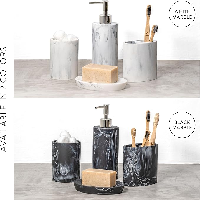 ZCCZ Bathroom Accessory Set, 4 Pcs Marble Look Bathroom Vanity Countertop Bathroom Décor Sets Accessories with Soap Dispenser, Toothbrush Holder Set, Tumbler, Soap Dish