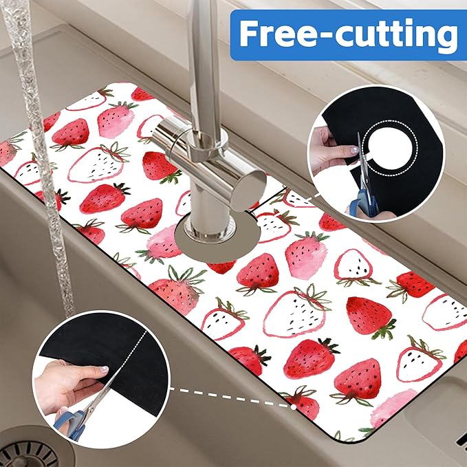 Watercolor Strawberry Kitchen Sink Splash Guard Mat Absorbent Fast Drying Mat Faucet Draining Mat Sink Splash Guard Behind Faucet Drip Catcher for Kitchen Bathroom 5.5"×15"