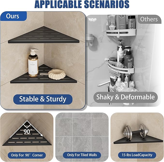 Neodrain 12 Inch Matte Black Corner Shelf Set of 2,Shower Shelves for Tile Wall Insert, 304 Stainless Steel Storage for Bathroom, No Drilling