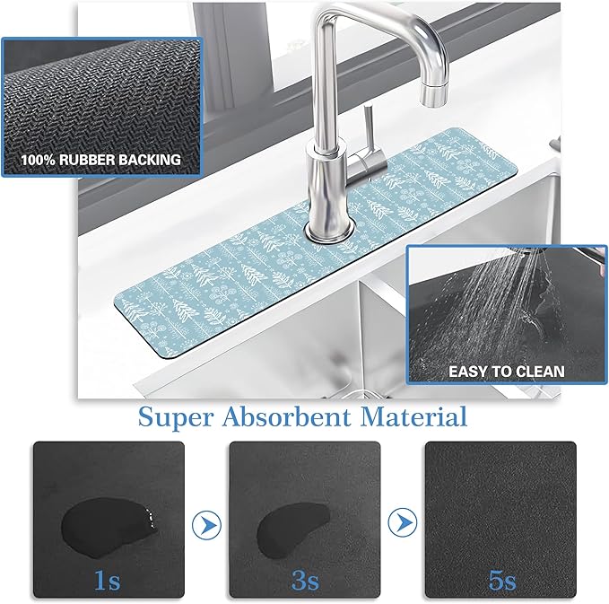 Winter Fir Tree Faucet Mat for Kitchen Sink Fir Trees Bushes Snow, Soft Diatom Mud Material, Strong Water Absorption, Non-slip, Easy to Clean for Bathroom, Kitchen 23.5"X5.5"