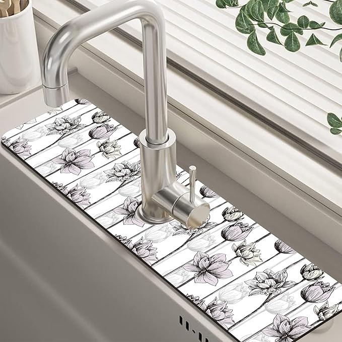 Water Lily Flower Kitchen Sink Splash Guard Mat Absorbent Fast Drying Mat Faucet Draining Mat Sink Splash Guard Behind Faucet Drip Catcher for Kitchen Bathroom 5.5"×24"