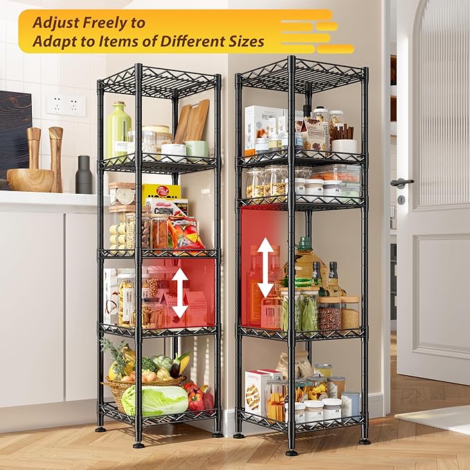 5 Tier Metal Shelving Unit Wire Shelves Storage Rack:Adjustable Storage Shelves Standing Bathroom Shelf and Narrow Small Shelf for Laundry Dorm Kitchen Pantry Closet Office 12''Wx12''Dx49''H Black