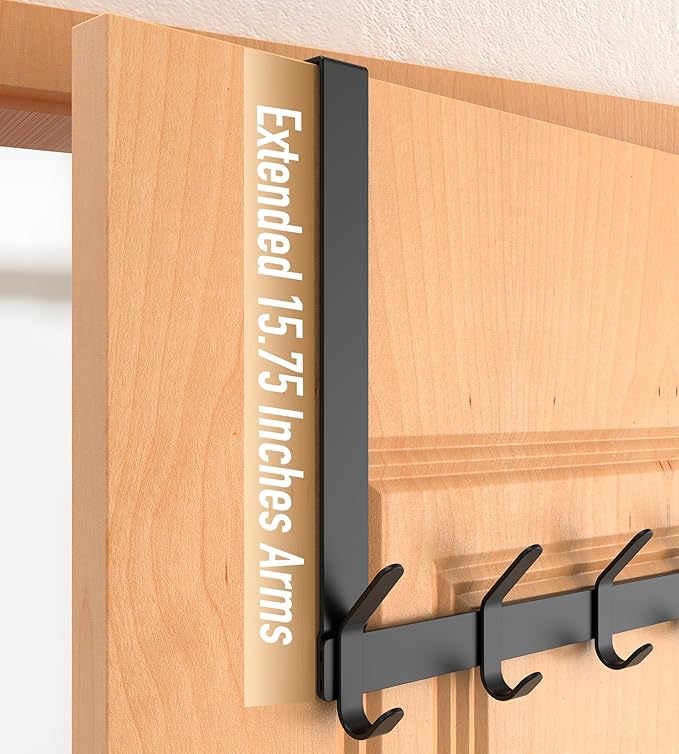 Long Over The Door Hooks Hanger with 15.75" Arms for for Easier Access by Shorter, J16U, Perfectly Fits US Standard 1 3/4-inch Doors, Towel Rack Bathroom Organizer Holder, Black