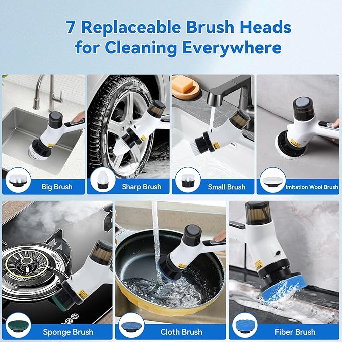 11 in 1 Electric Spin Scrubber Cordless Shower Scrubber with 2 Adjustable Speeds Spray Shower LED Display Shower Cleaner Brush with Long Handle for Bathroom Floor Tub Tile Toilet IPX7 Waterproof