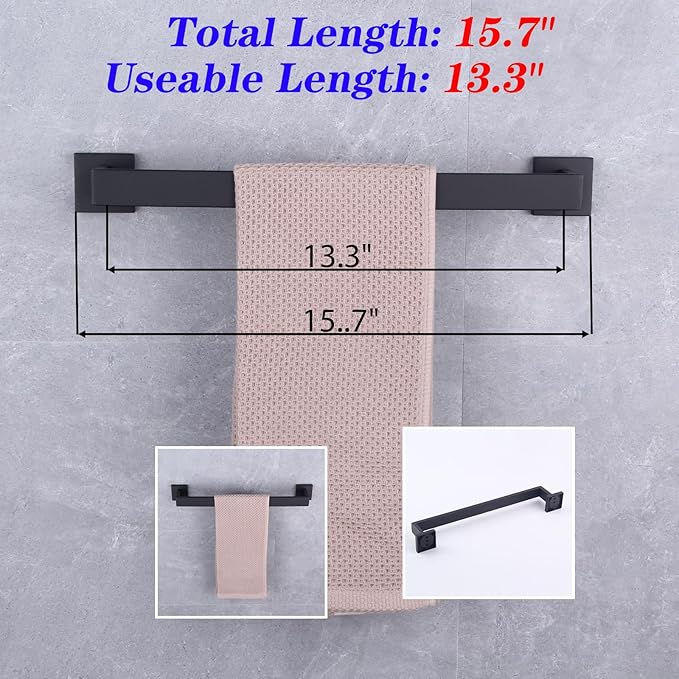 GERZWY 16-Inch Matte Black Bathroom Towel Bar SUS 304 Stainless Steel Bath Towel Bar Modern Style Wall Mount FG160140-BK