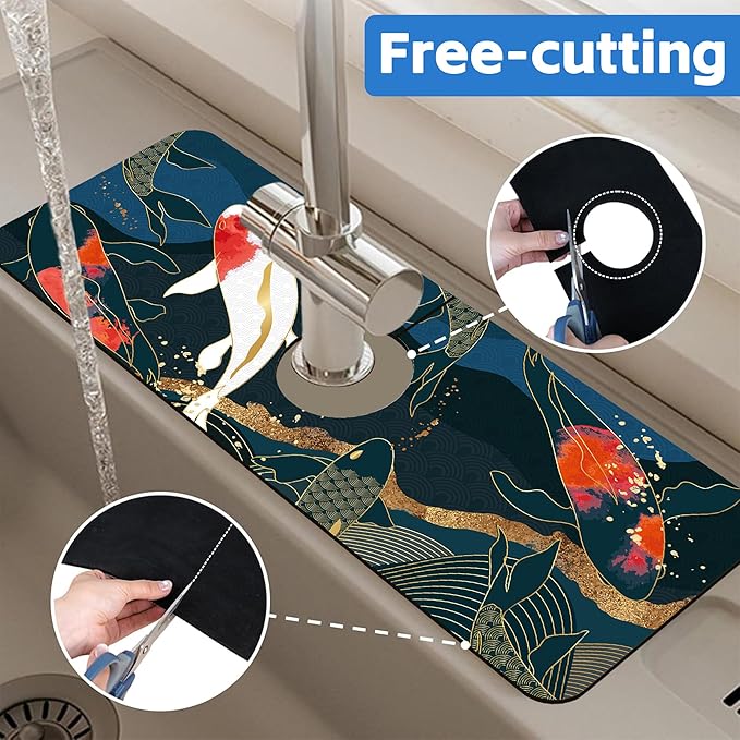 Oriental Japanese Koi Fish Sink Faucet Absorbing Mat Sink Splash Guard Faucet Mat Draining Mat Fast Drying Sink Protectors for Kitchen and Bathroom 5.5"×15"
