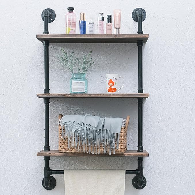 MBQQ 3 Tier Shelving Bathroom Pipe Shelves with Towel Bar Over Toilet, 24 inch Pine Wood Floating Shelves for Wall Mounted Bedroom,Kitchen, Farmhouse, Living Room