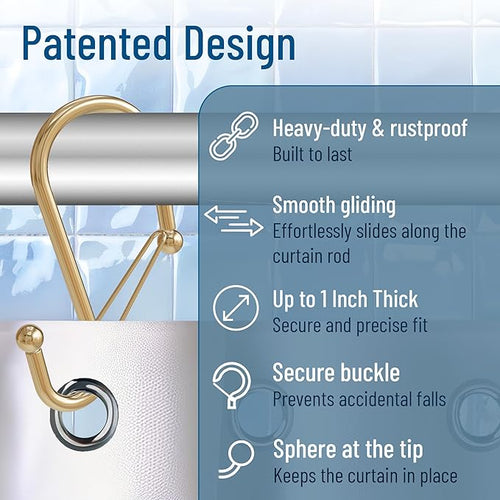 12 Decorative Metal Shower Curtain Hooks, S-Shaped Hooks with Anti-Fall System, Rust-Proof Shower Rings with Safety Buckle, Fits Rods Up to 1-Inch Diameter (S, Gold)