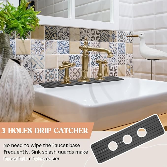 3 Hole Gray Faucet Mat for Kitchen Sink 16.1 x 5 Kitchen Faucet Absorbent Mat Diatomite Splash Guard for Sink Quick Drying Stone Drip Catcher for Bathroom Counter
