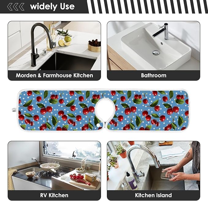 2 PCS Kitchen Sink Splash Guard 30 Inch Faucet Mat for Kitchen Sink Bathroom Sink Faucet Absorbing Drip Drain Mat Pad Microfiber Soft Washable Green Blue Cherry and Polka Dots