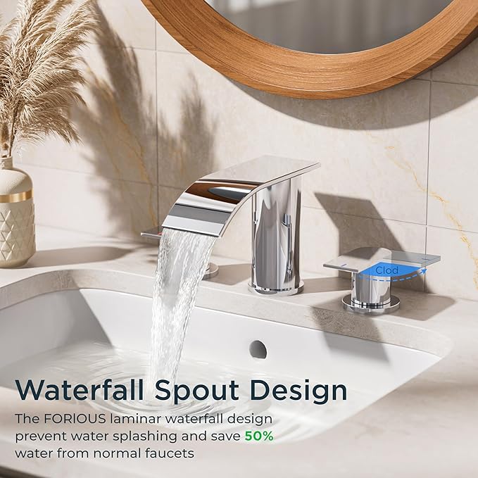 FORIOUS Upgrade Chrome Waterfall Bathroom Faucets 3 Hole, 8 Inch Widespread Modern Bathroom Sink Faucet with Metal Pop-up Drain and Supply Lines, Two Handles for Vanity, Farmhouse, Remodel