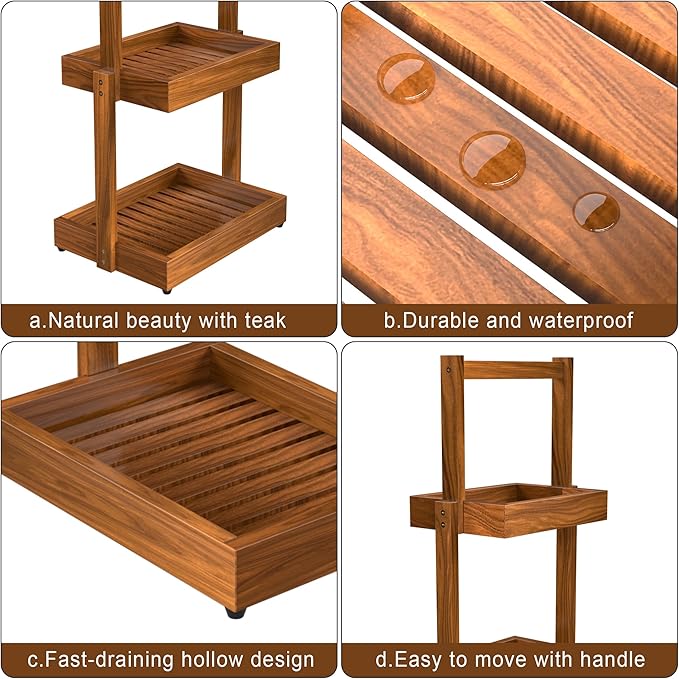 Teak Bathroom Shelf Towel Holder - 2 Tier Use as Shower Caddy Towel Organizer Stand Toilet Paper Storage Fruit Basket with Non-Slip, Durable for Bathroom Livingroom Kitchen