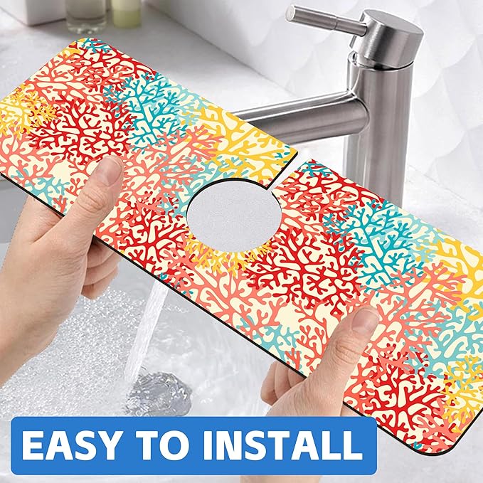 Colorful Sea Corals Dish Drying Mat for Kitchen Sink Splash Guard Behind Faucet Sink Mat Absorbent Fast Drying Faucet Draining Mat for Bathroom Kitchen 5.5"×15"