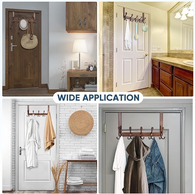 TICONN Over The Door Hooks, 5 Heavy Duty Tri Coat Rack All Metal Coat Hanger for Bathroom Bedroom Dorm (Antique Bronze, 2PK, Fit 1-3/4" Doors)