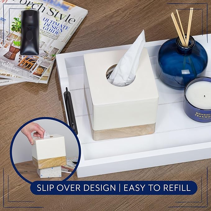 AuldHome Design Square Tissue Box Cover (Enamel/Mango Wood); Minimalist Scandinavian Decor White Cube Tissue Holder