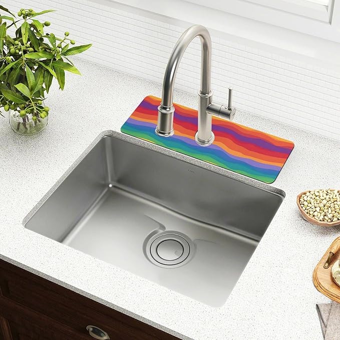 Wavy Rainbow Color Stripes Kitchen Sink Splash Guard Sink Faucet Mat Faucet Handle Drip Catcher Drain Mats for Kitchen Bathroom Countertop Absorbent Dish Drying Pad 2Pack 14.7x5.4IN