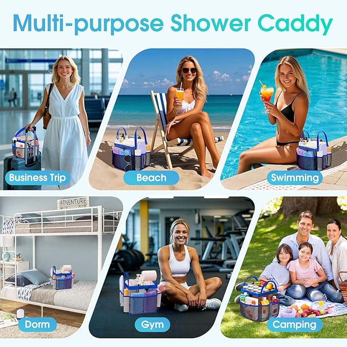 Mesh Shower Caddy Portable with Drawstring, 1 Main Compartment+ 7 Pockets, College Dorm Room Essentials for Girls, Shower Organizer Hanging Bag for Beach, Camp, Swim, Gym, Travel(Blue)