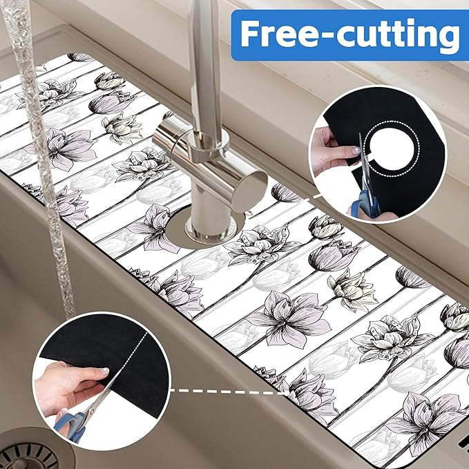 Water Lily Flower Kitchen Sink Splash Guard Mat Absorbent Fast Drying Mat Faucet Draining Mat Sink Splash Guard Behind Faucet Drip Catcher for Kitchen Bathroom 5.5"×24"