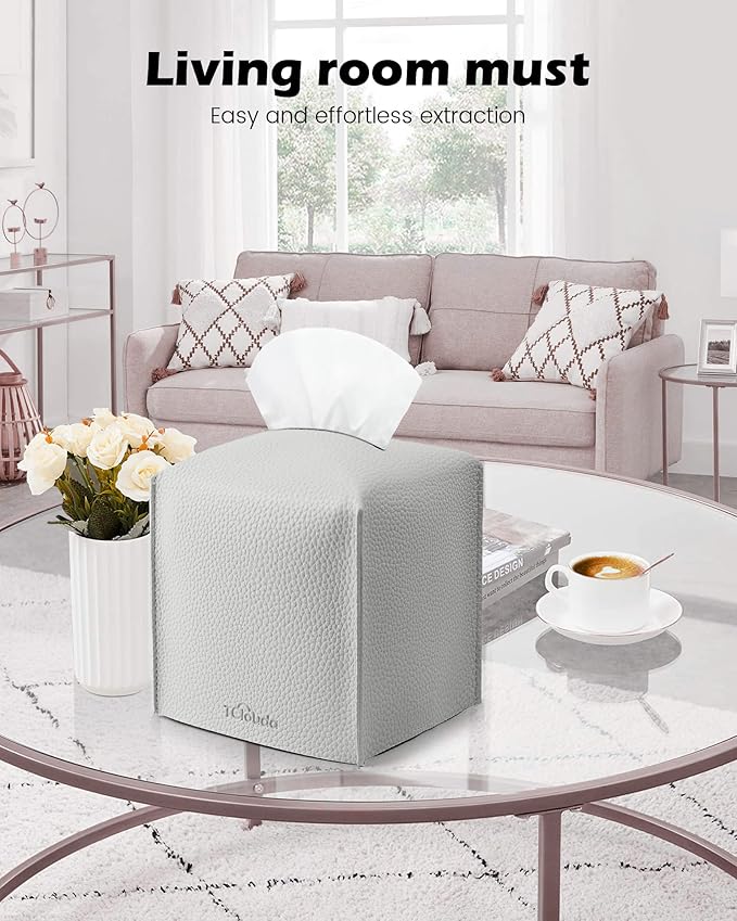 Tissue Box Cover for PU Leather, Modern Simple Solid Color Holder Square Tissue Bag, Ideal for Bathrooms,Office,Car,Outdoor Tent,Dining Table,5"X5"X5", Single Light Grey