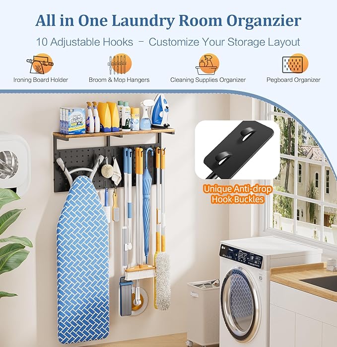 Ironing Board Hanger Wall Mount with Cleaning Supplies Organizer, Laundry Room Organization Storage Shelf with Iron Stand & Broom Mop Holder Hooks, Utility Rack for Home Garage Kitchen