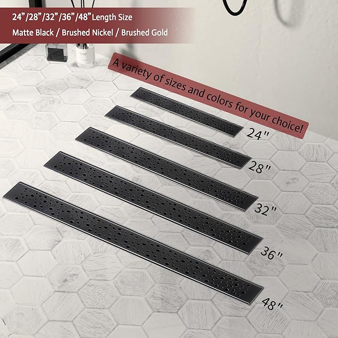 36 Inch Linear Shower Drain, Matte Black Shower Drain,Removable Grate, 304 Stainless Steel, Easy to Install and Clean for Bathrooms (Drain Base Not Included), LSD-19A-36B