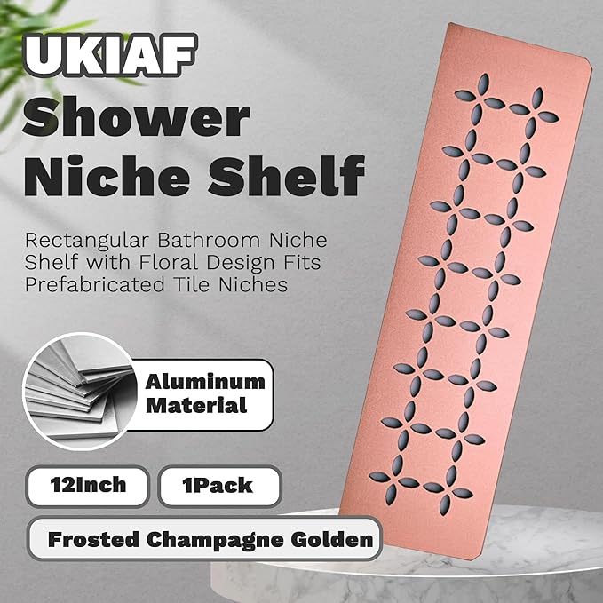 12 Inch Frosted Champagne Golden Aluminum Material Shower Niche Shelf Rectangular Bathroom Niche Shelf with Floral Design Fits Prefabricated Tile Niches 1 Pack