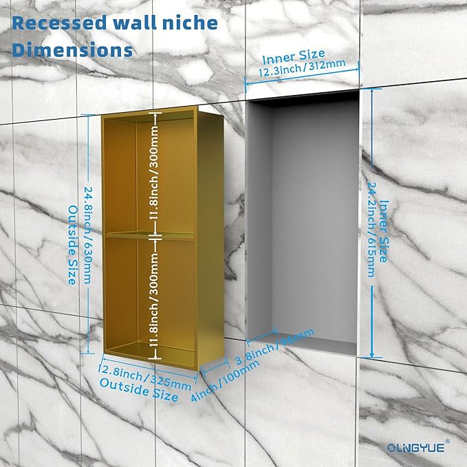 Shower Niche No Tile Needed: Stainless Steel Double Layer - 12"x24" Recessed Wall Niches Shelves for Bathroom Kitchen Toilet Storage - Brushed Gold