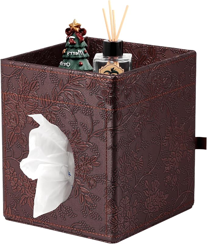 Tissue Box Cover, PU Leather Square Tissue Box Holder with Upper Storage Tray for Bathroom/Countertop/Nightstand/Office Table - Antique