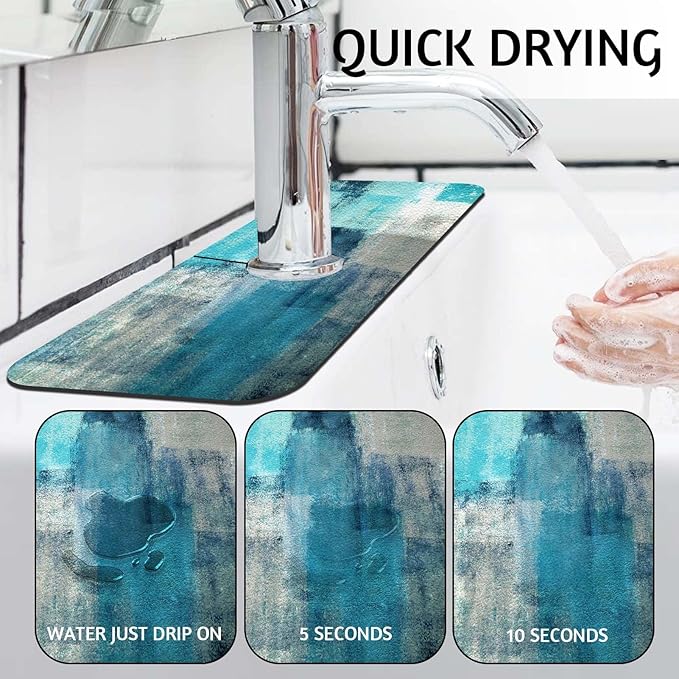 MCALK Turquoise Kitchen Sink Faucet Mat Splash Guard, Absorbent Quick-Dry Kitchen Sink Mat - Ideal for Splash Guard & Drip Catching with Abstract Art Decor( 1pc 15"x5.5")