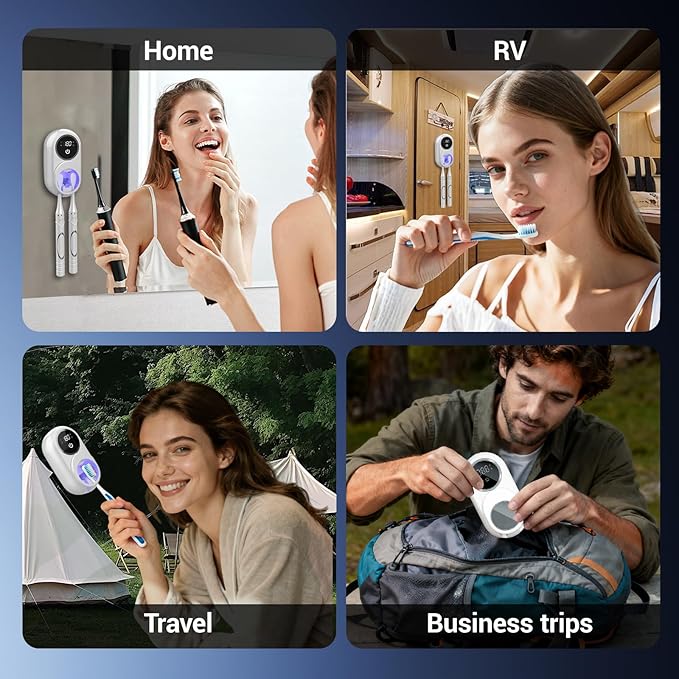 Smart Electric Toothbrush Holders for Bathrooms,Travel Toothbrush Holder with Motion-Sensing Cover,Auto-Clean & Instant Dry,2 Brush Slots,LED Display & USB Rechargeable (White)