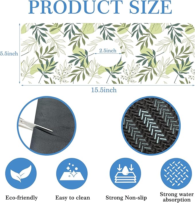 Faucet Mat for Kitchen Sink Artistic Green Leave Branche, Soft Diatom Mud Material, Strong Water Absorption, Non-slip, Easy to Clean for Bathroom, Kitchen 15"X5.5"