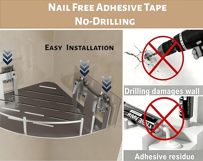 Bathroom Corner Shelf, 304 Stainless Steel, Integrated Molding Shower Caddy, Wall Mounted Bathroom Rack with Nail Free Adhesive, Suit for Storage Racks in Bathroom Kitchen(2 Pack)