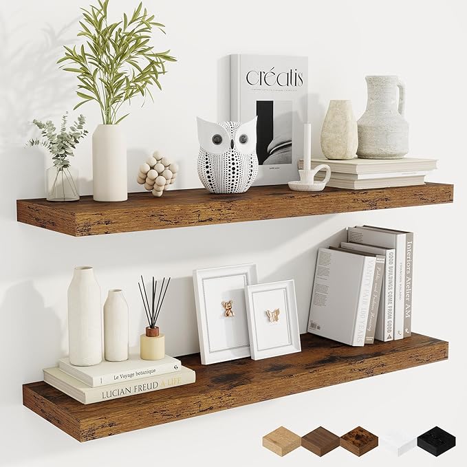 Fun Memories 36 Inch Floating Shelves, 9.3 Inch Deep Rustic Wall Shelves - Extra Deeper Wall Mounted Storage Shelves for Bathroom, Kitchen, Living Room (Brown, Set of 2)