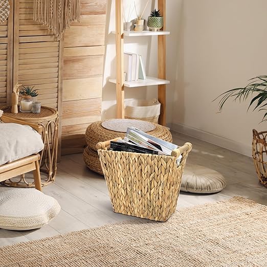 Woven Waste Basket, Water Hyacinth Trash Can with Wooden Handles, Boho Handwoven Storage Container, Rustic Bathroom Garbage Bin, Decorative Magazine Holder for Home, Bedroom, Laundry, Office