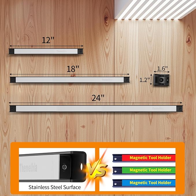 18" Magnetic Tool Holder Strip, 6 Pieces Silver Metal Tool Organizer Rack with Stainless Steel Surface, Magnet Bar for Garage Workshop, Easy To Install with Mounting Screws