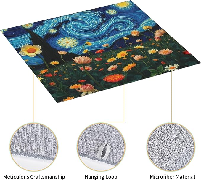 Starry Night Flowers Dish Drying Mat for Kitchen Counter, 16"x18" Microfiber Absorbent Fast Dry Mat, 2Pcs Dish Mat Faucet Mats Sets, Large Drying Kitchen Mat Kitchen Drying Pad