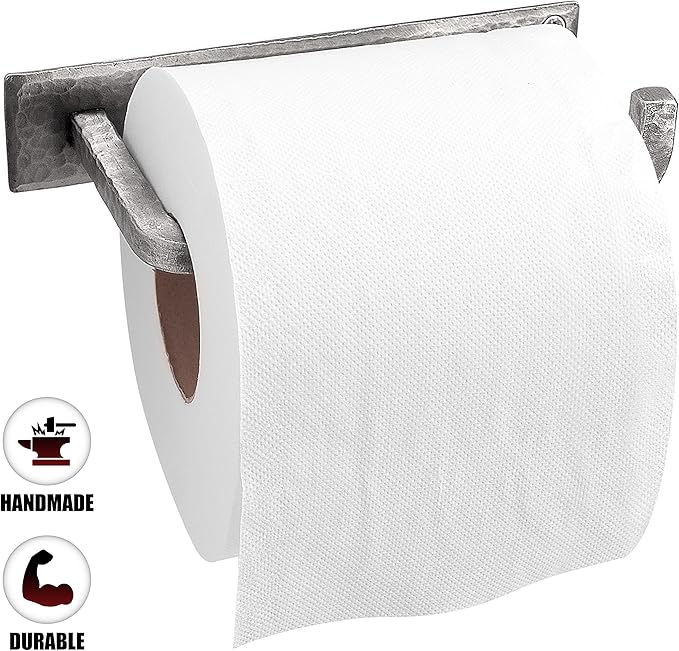 Wrought Iron Toilet Paper Holder – Rustic Wall-Mount Tissue Holder for Bathroom – Vintage Farmhouse Style - 6.6 x 3.2 Inches (Silver)