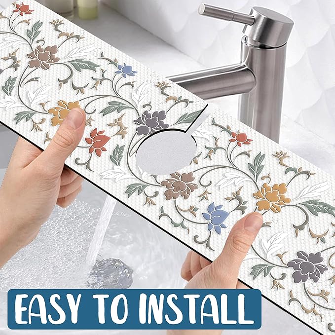 Art Ceramic Texture Sink Faucet Absorbing Mat Ceramic Flowers Super Absorbent Fast Drying Mat Sink Gadgets Behind Faucet Sinkmat for Kitchen Bathroom, 23.5"x5.5"