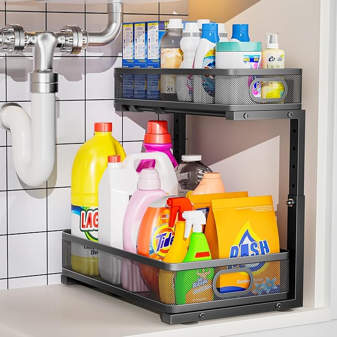 Under Sink Organizer, High Adjustable 2 Tier Under Sink Organizers and Storage, Slide Out Metal Cabinet Organizers, Pull Out Sink Storage Drawer Shelf for Kitchen Bathroom Cabinet, Black, 1 Pack